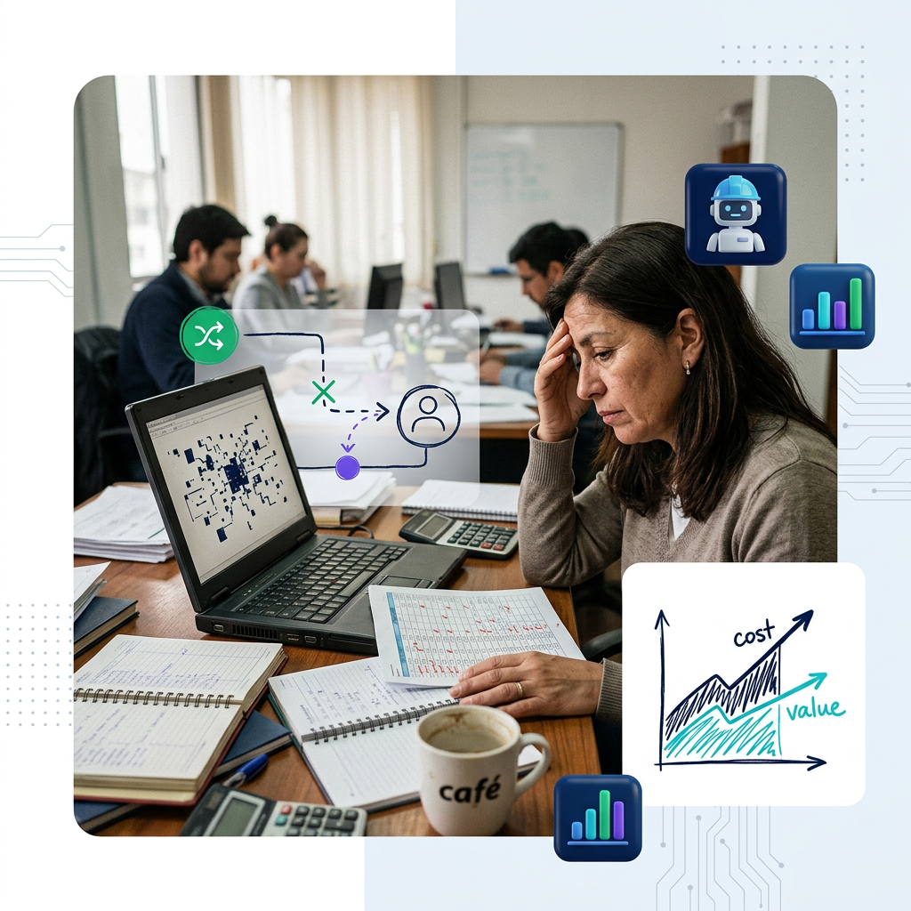 Dueño de pyme analizando un crm gratis chile para pymes en su computador de oficina
