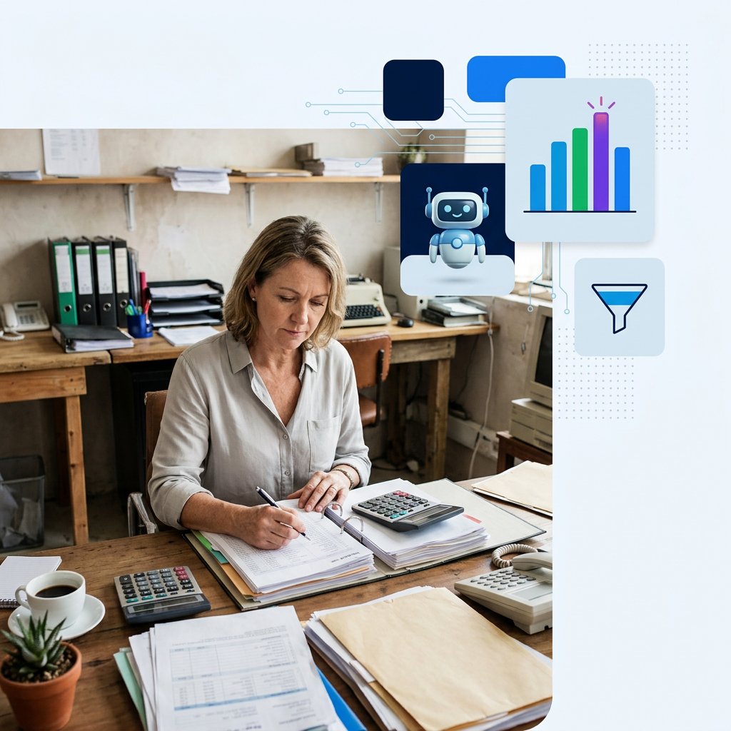 Ejecutivo de ventas analizando un flujo de inteligencia artificial para negocios en su oficina de Santiago de Chile.