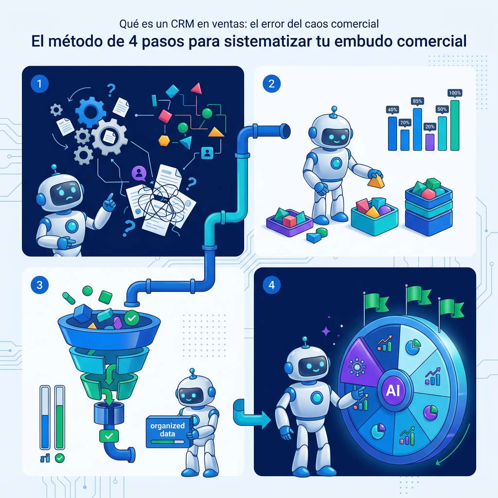 El método de 4 pasos para sistematizar tu embudo comercial — Qué es un CRM en ventas: el error del caos comercial