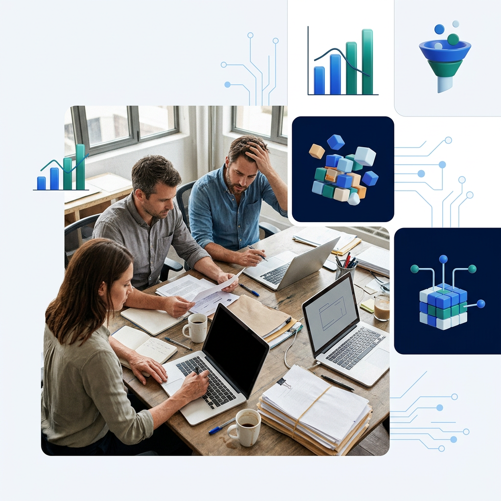 Ejecutivo comercial analizando un software crm para empresas en su computador de oficina